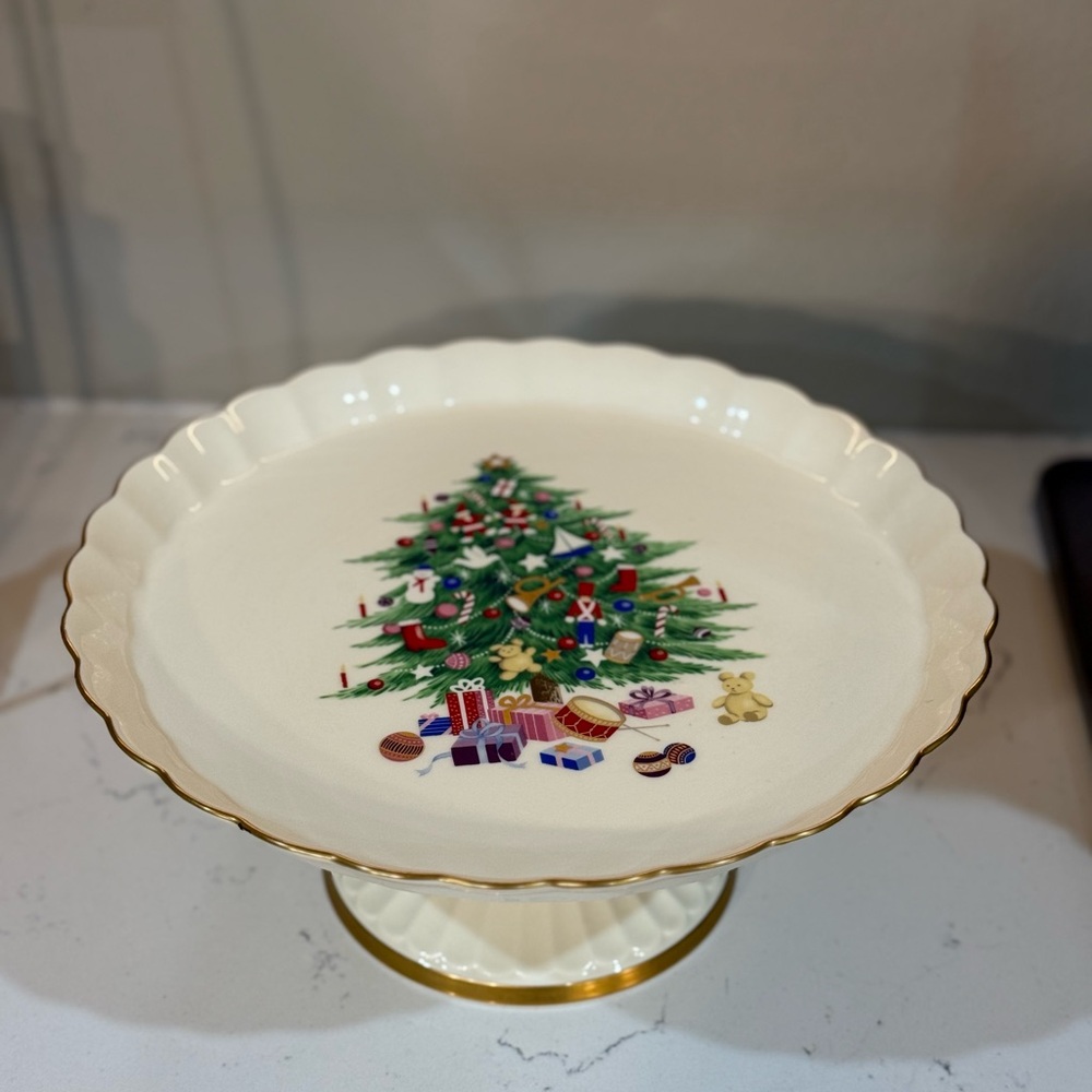 Vintage Mikasa Holiday Christmas Tree Pedestal Cake Stand - Gold Trim
